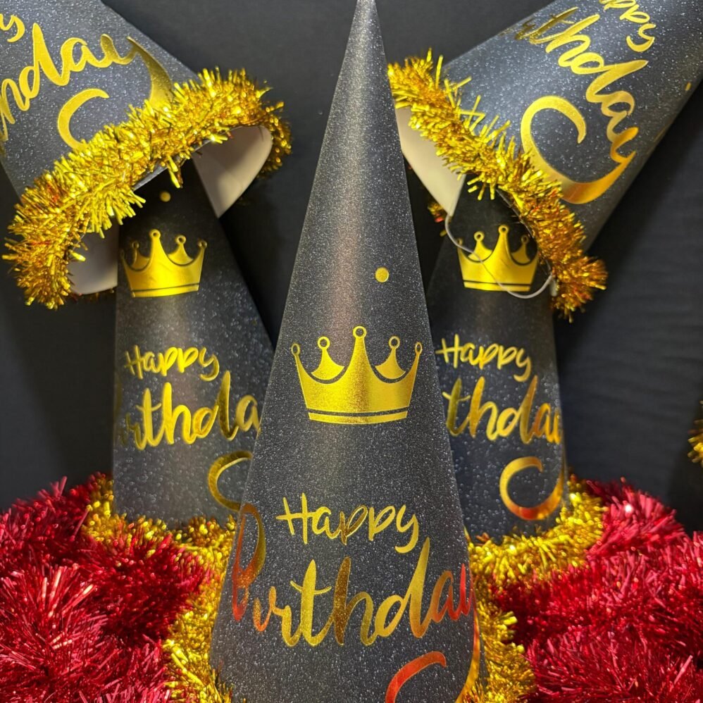Simli Mat Siyah Happy Birthday Parti Şapkası 35 cm 6'lı Set Tüylü Doğum Günü Süsü Şapka | ENG-602 |