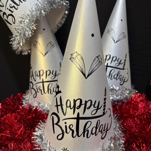 Simli Mat Gümüş Happy Birthday Parti Şapkası 35 cm 6'lı Set Tüylü Doğum Günü Süsü Şapka | ENG-602 |