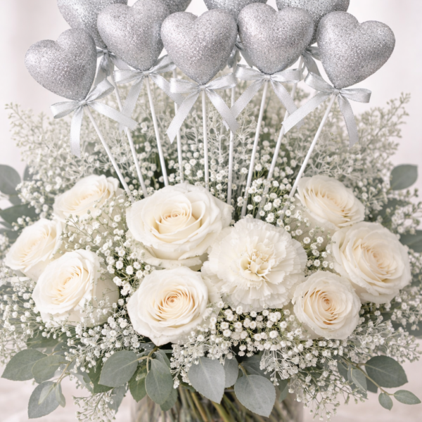 10’lu Gümüş Köpük Kalp Çubuk Süs – 27 cm Dekoratif Parti ve Organizasyon Süsü