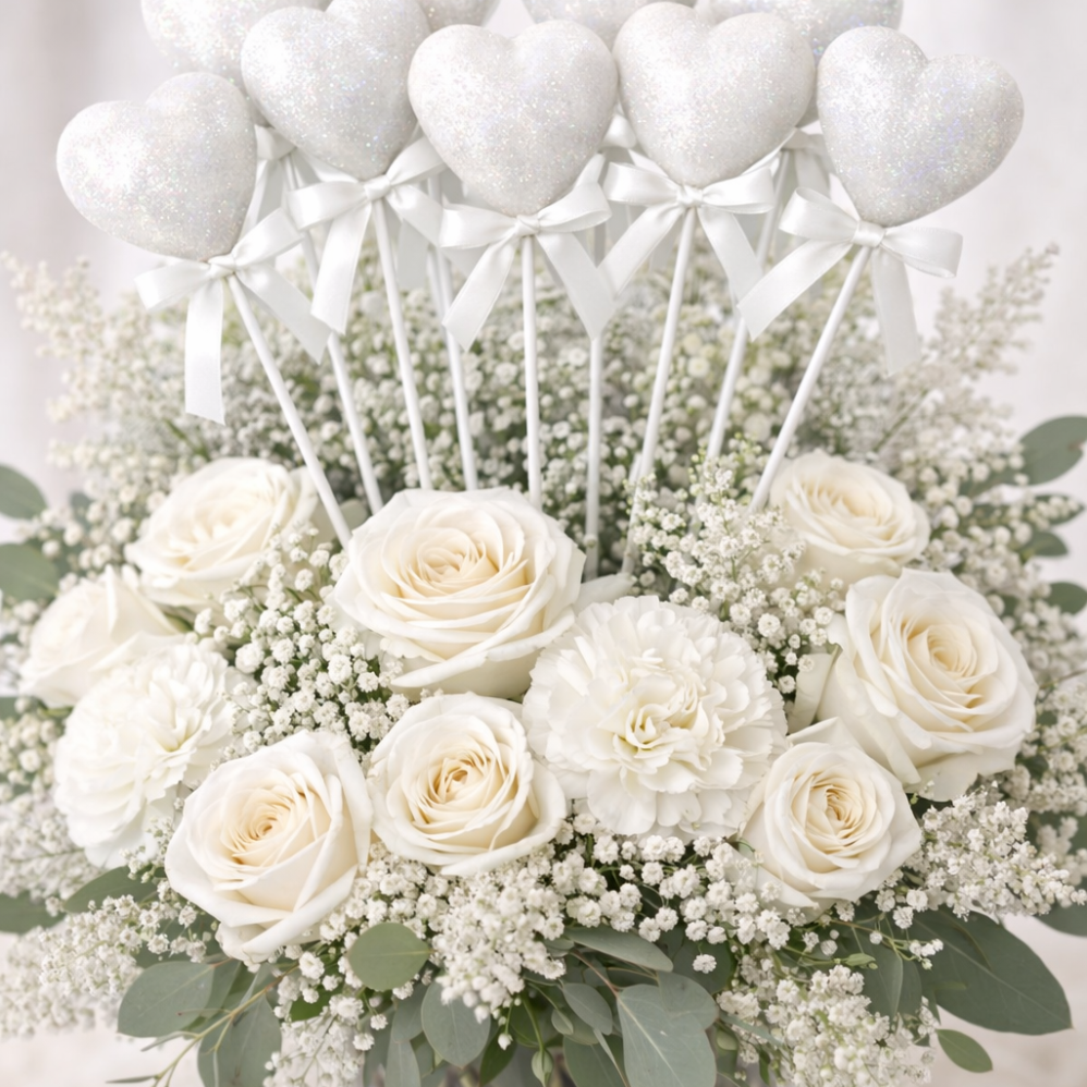 10’lu Beyaz Köpük Kalp Çubuk Süs – 27 cm Dekoratif Parti ve Organizasyon Süsü