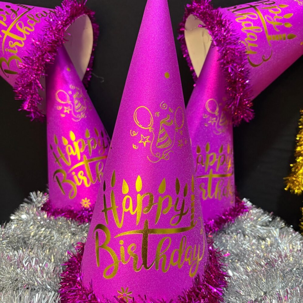 Simli Mat Pembe Happy Birthday Parti Şapkası 35 cm 6'lı Set Tüylü Doğum Günü Süsü Şapka | ENG-602 |