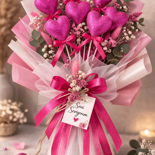 10’lu Fuşya Köpük Kalp Çubuk Süs – 27 cm Dekoratif Parti ve Organizasyon Süsü