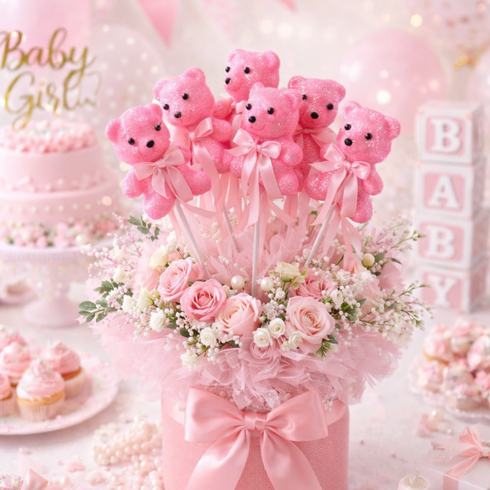 10’lu Pembe Simli Strafor Köpük Ayıcık Çubuklu Süs – 24 cm