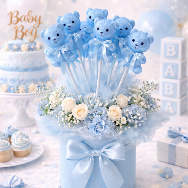 10’lu Mavi Simli Strafor Köpük Ayıcık Çubuklu Süs – 24 cm