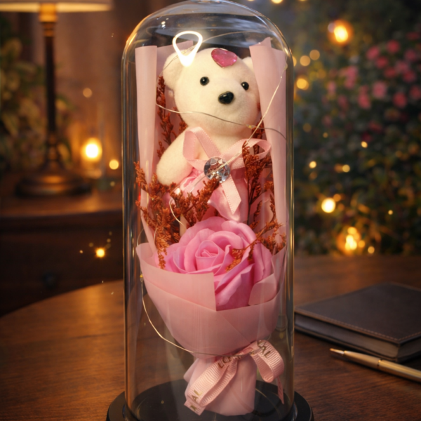 Led Işıklı Pembe Renk Gül İçerisinde Ayıcık Fanus