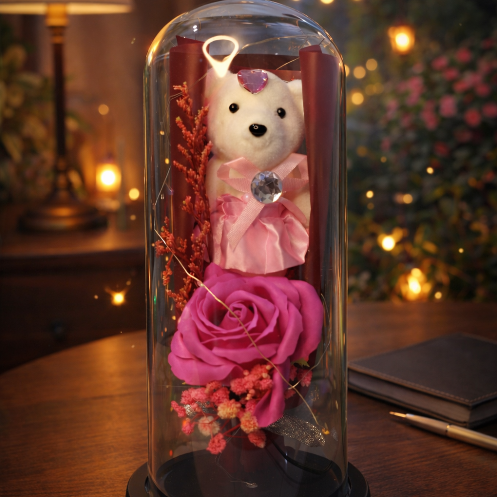 Led Işıklı Koyu Pembe Renk Gül İçerisinde Ayıcık Fanus