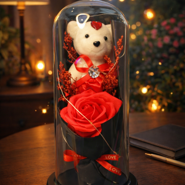 Led Işıklı Kırmızı Renk Gül İçerisinde Ayıcık Fanus