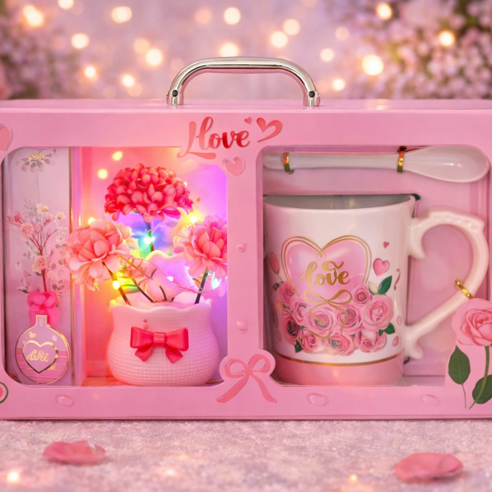 Love Temalı Kupa, Işıklı Dekoratif Çiçek ve Parfüm Hediye Seti ENG-KB-30