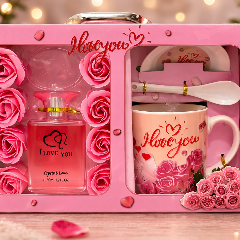 I Love You Temalı Parfüm, Kupa ve Dekoratif Gül Hediye Seti ENG-KB-32