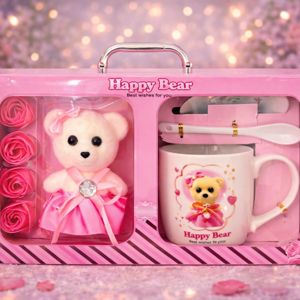 Ayıcık Figürlü Kupa, Tabak ve Dekoratif Gül Hediye Seti ENG-KB-33-Pembe