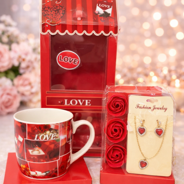 Love Temalı Kolye Seti, Kupa ve Dekoratif Gül Hediye Seti ENG-KB-05