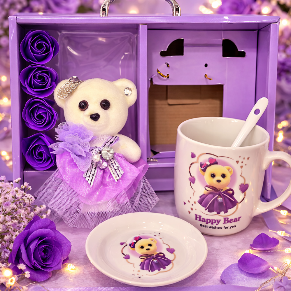 Happy Bear Temalı Ayıcık, Kupa ve Dekoratif Gül Hediye Seti ENG-KB-33-Mor