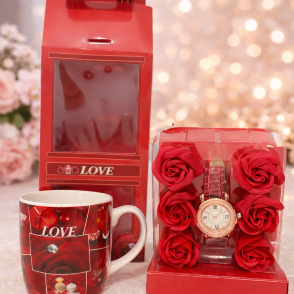Love Temalı Kol Saati, Kupa ve Dekoratif Gül Hediye Seti ENG-KB-06
