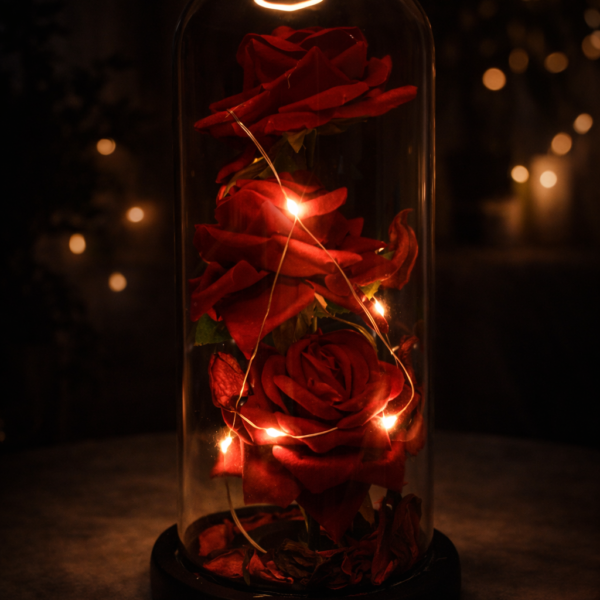 Led Işıklı Kırmızı 3 Gül Fanus