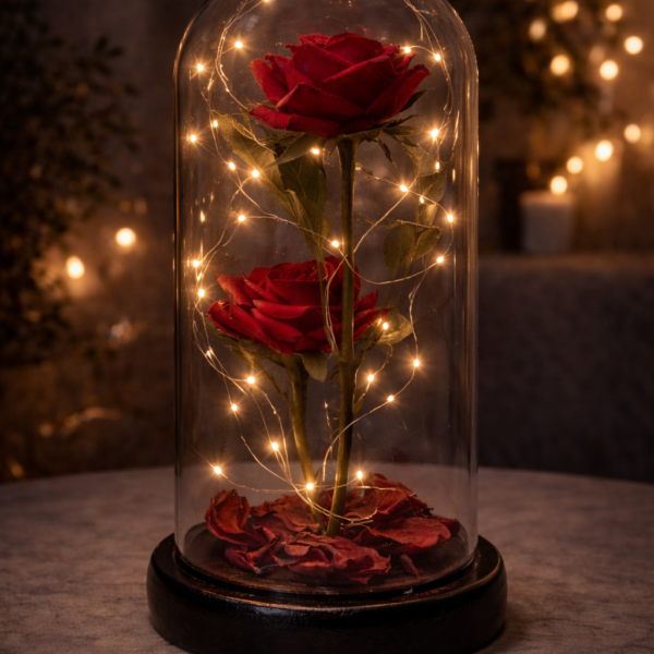 Led Işıklı Kırmızı 2 Gül Fanus