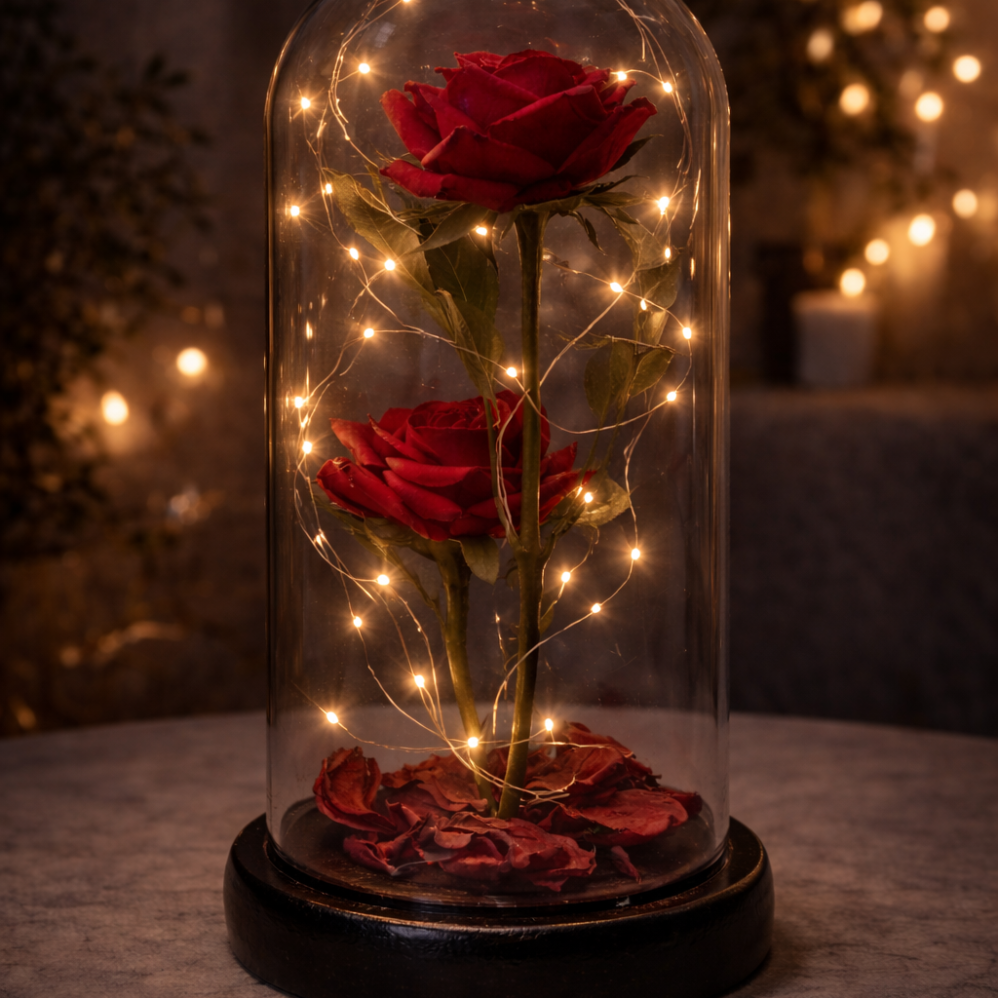 Led Işıklı Kırmızı 2 Gül Fanus