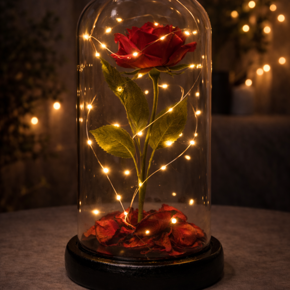 Led Işıklı Kırmızı 1 Gül Fanus