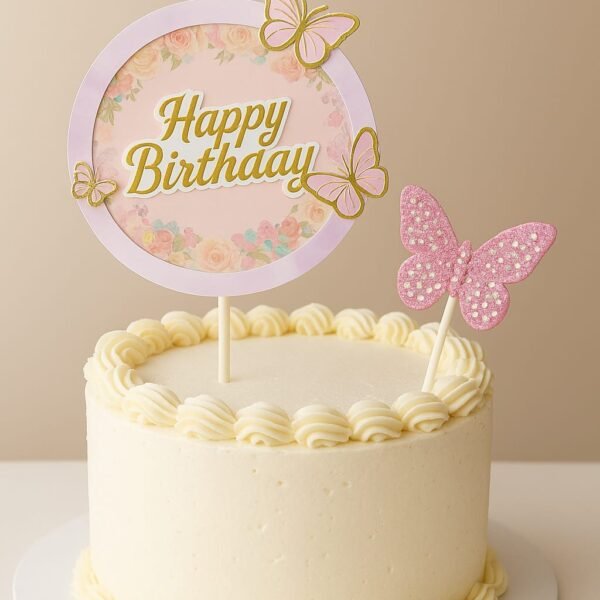 Pasta Süsü 2'li Pembe Kelebek Temalı Happy Birthday Doğum Günü