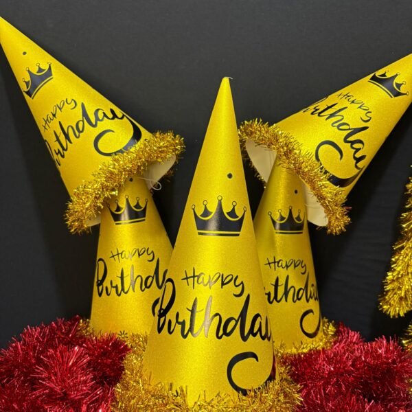 Simli Mat Gold Happy Birthday Parti Şapkası 35 cm 6'lı Set Tüylü Doğum Günü Süsü Şapka | ENG-602 |