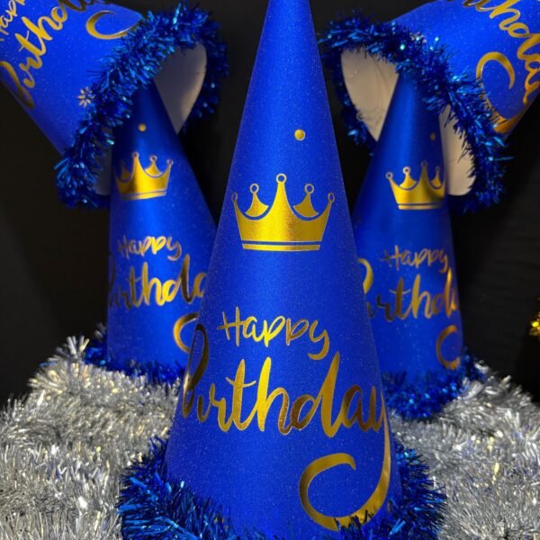 Simli Mat Mavi Happy Birthday Parti Şapkası 35 cm 6'lı Set Tüylü Doğum Günü Süsü Şapka | ENG-602 |