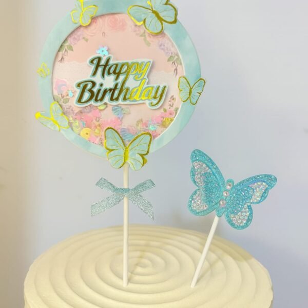 Pasta Süsü Seti 2'li Mavi Happy Birthday Kelebekli – Doğum Günü Topper