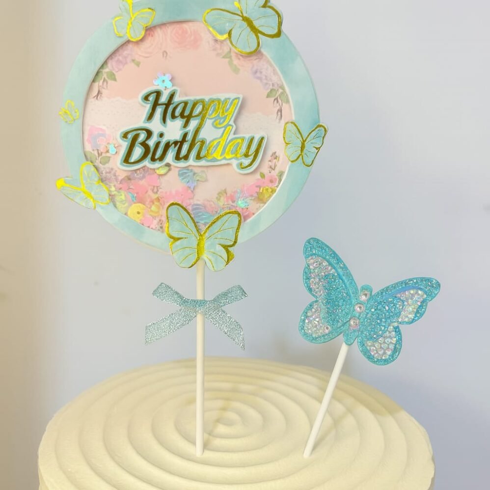 Pasta Süsü Seti 2'li Mavi Happy Birthday Kelebekli – Doğum Günü Topper