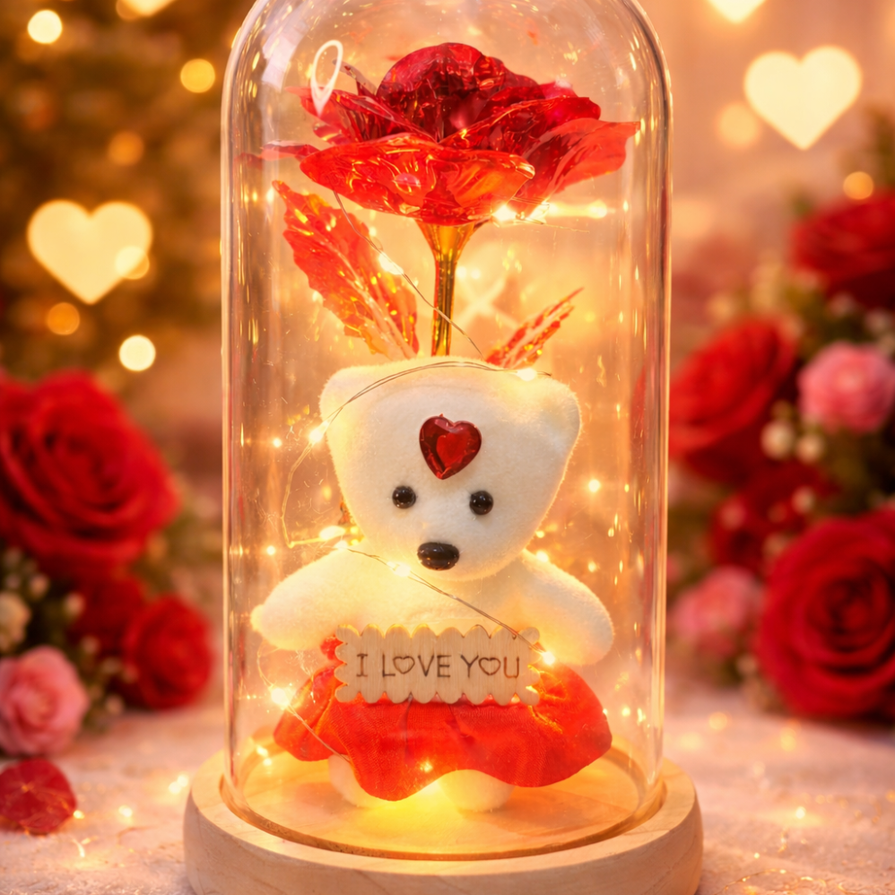 Led Işıklı Kırmızı Renk Gül ve Ayıcık Fanus