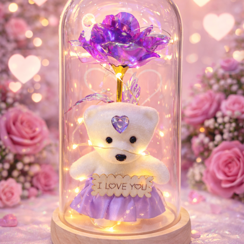 Led Işıklı Mor Renk Gül ve Ayıcık Fanus