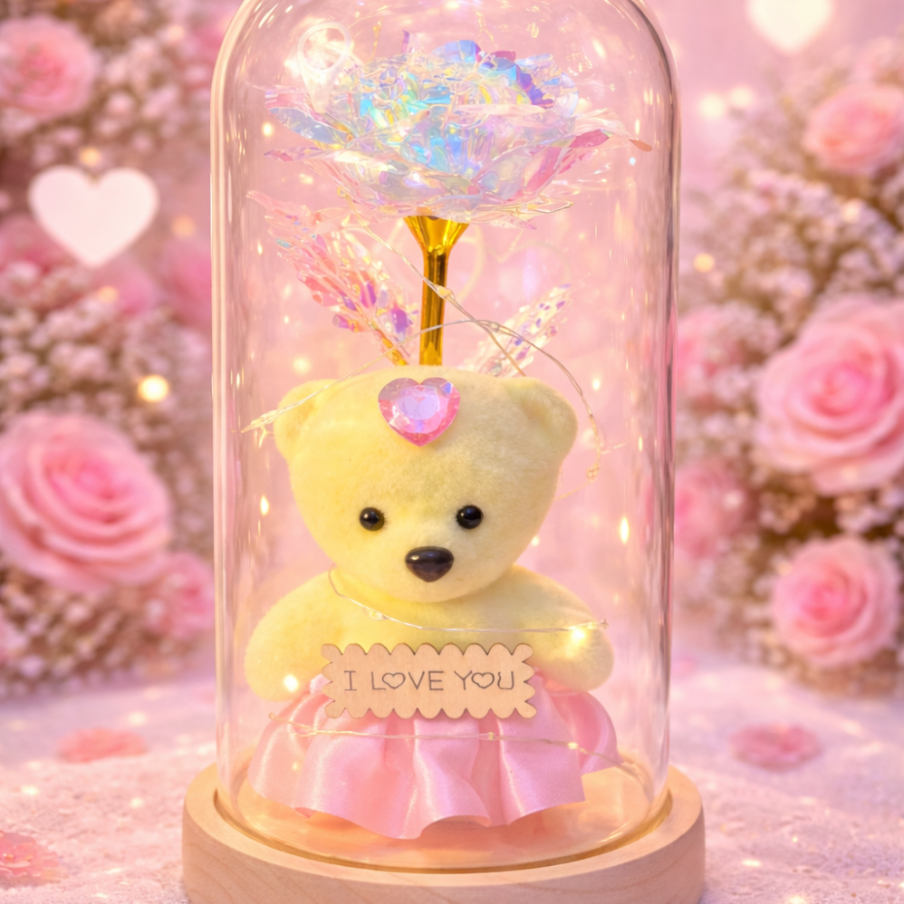 Led Işıklı Pembe Renk Gül ve Ayıcık Fanus