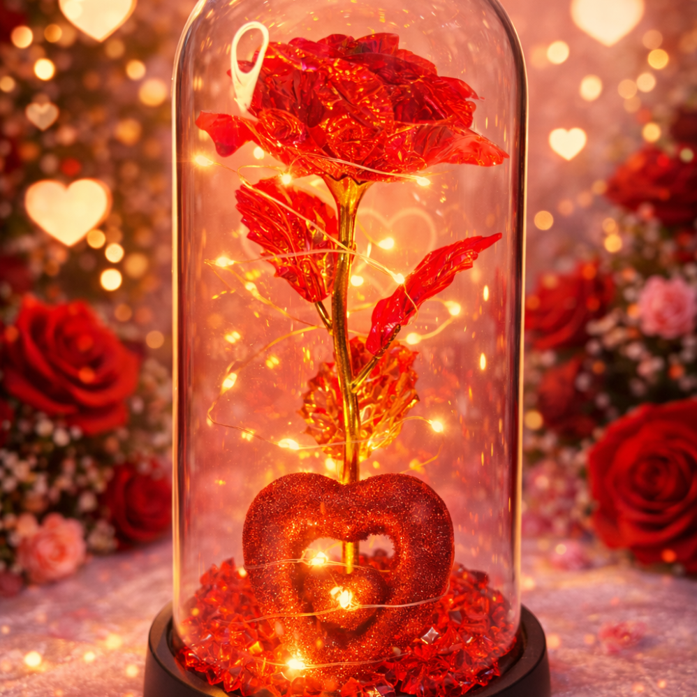 Led Işıklı Kırmızı Renk Gül ve Kalp Fanus