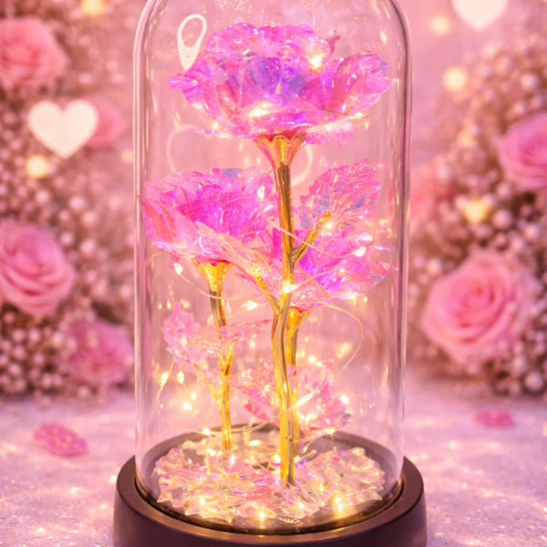 Led Işıklı Mor Renk Gül Fanus