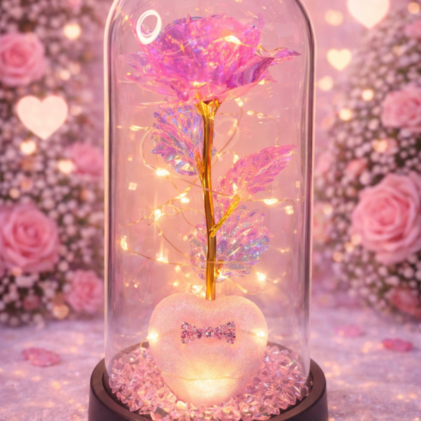 Led Işıklı Pembe Renk Gül ve Kalp Fanus