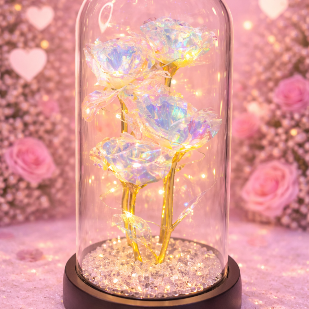 Led Işıklı Holigram Renk Gül Fanus