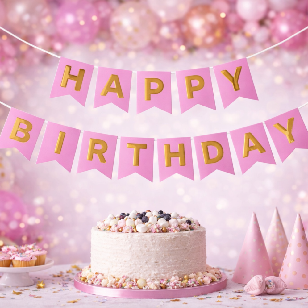 Pembe Renk Happy Birthday Banner