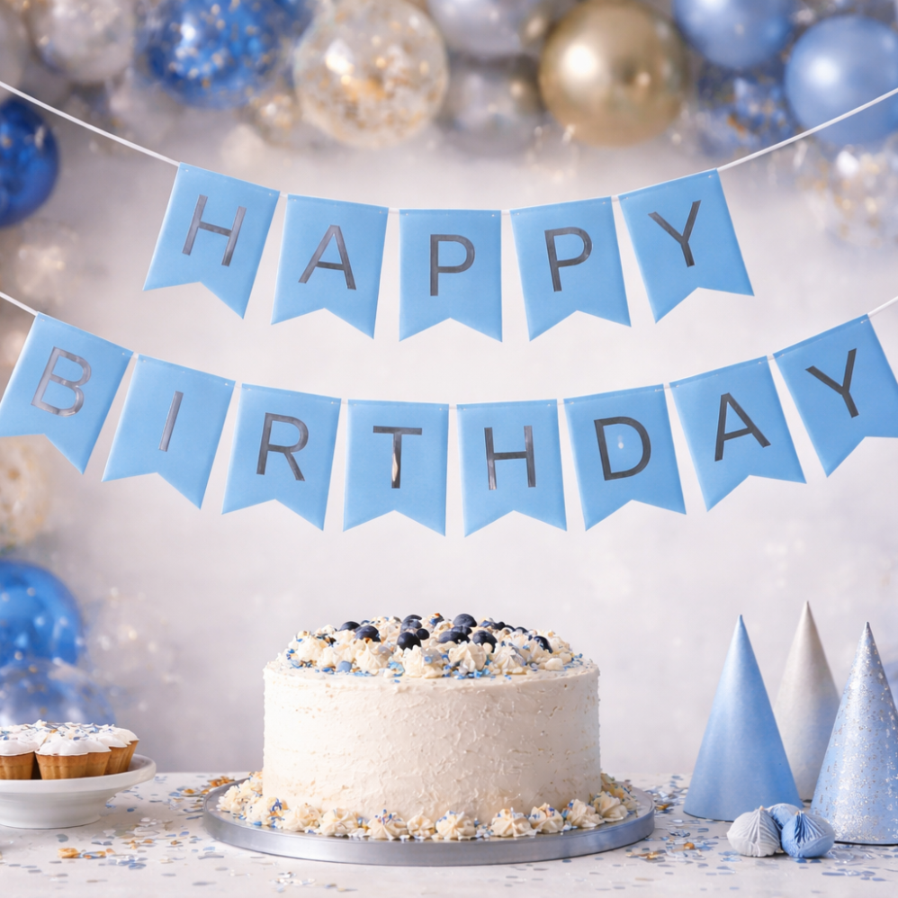 Mavi Renk Happy Birthday Banner