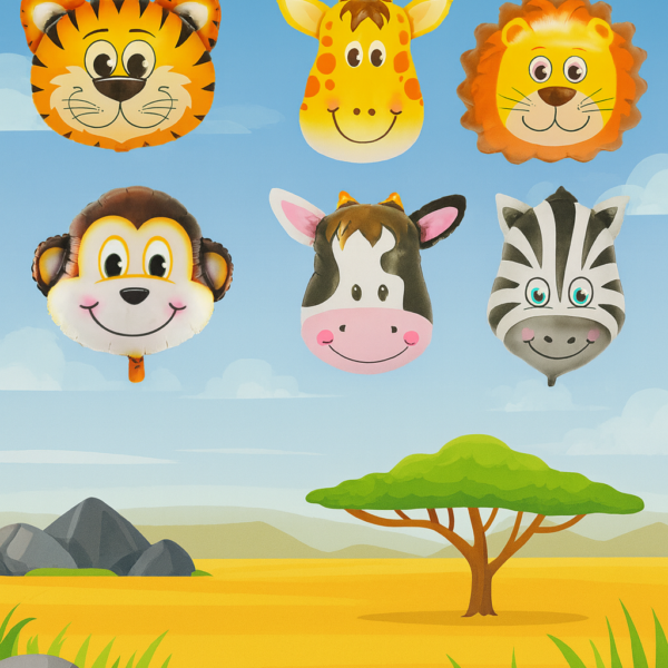 Safari Hayvan Figürlü 6’lı Folyo Balon Seti Aslan Kaplan Zürafa Zebra Maymun İnek Parti Balonları