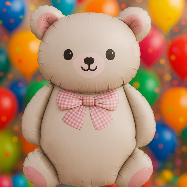 Ayıcıklı (Teddy) Krem Folyo Balon Pembe Papyonlu 90 CM