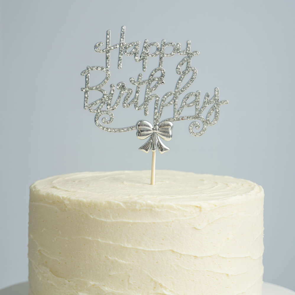 Gümüş Pasta Süsü Lüks Taş Detaylı Happy Birthday