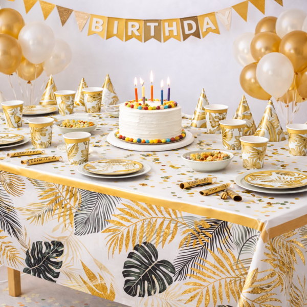 Altın Tropikal Yaprak Desenli Plastik Masa Örtüsü