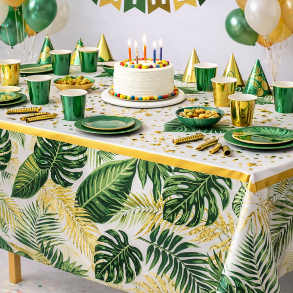 Yeşil Tropikal Yaprak Desenli Plastik Masa Örtüsü